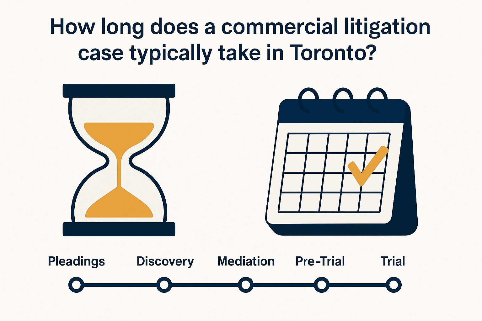 Visual representation of the different stages of a commercial litigation case in Toronto