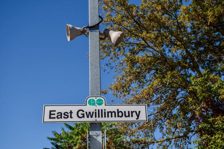 East Gwillimbury GO train station sign with speakers