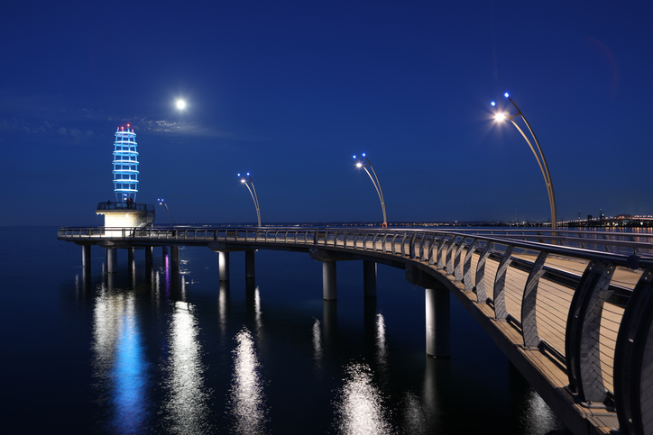 The Brant St. Pier in Burlington, Canada at night