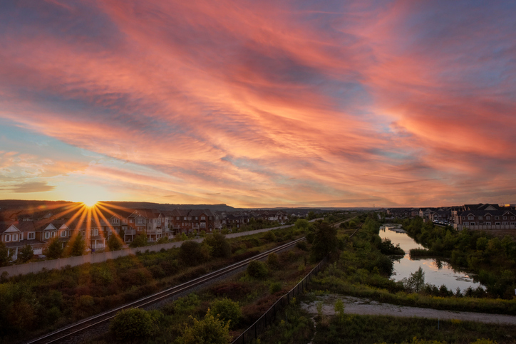 Urban sunset in Halton Region, Milton Ontario with Niagara escarpment in the background