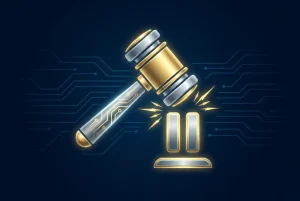 A minimalist vector illustration of a gavel striking a pause symbol, representing a court-ordered urgent injunction to stop irreparable harm in an Ontario business dispute.