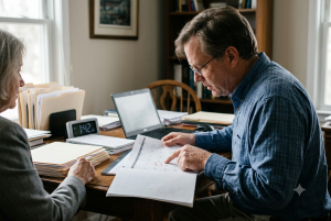 Client reviewing legal documents and a calendar with an Ontario civil litigation lawyer to discuss lawsuit filing deadlines and limitation periods.