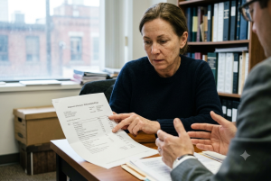Couple reviewing legal documents and expenses while discussing civil litigation costs with a Toronto lawyer.