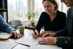 Client signing a settlement agreement with a civil litigation lawyer during a mediation or settlement meeting in Toronto.