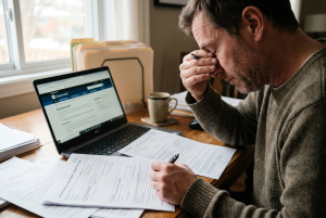 Man reviewing Ontario court documents while deciding between Small Claims Court and Superior Court